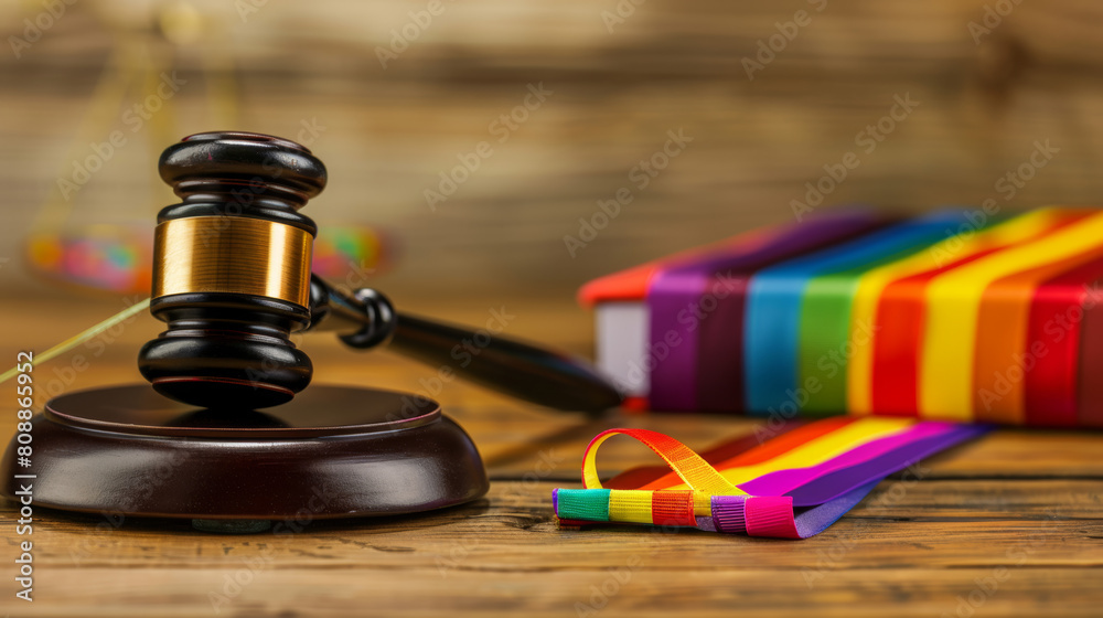 Judge's gavel with rainbow ribbon and notebook with a lgbt rainbow bookmark on wooden table. LGBT rights, justice and law equality concept. Stock Photo photography