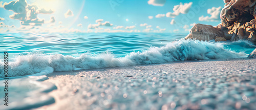 Waves Crashing on a Sunny Beach  Foam and Water Motion Captured in Bright Light  Refreshing Summer Seascape