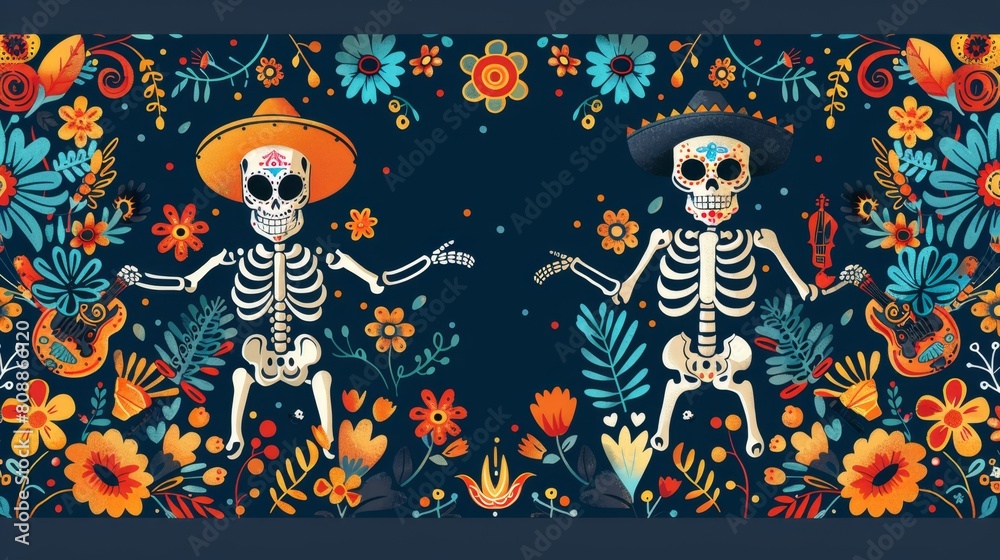 Minimalist Day of the Dead Theme with Geometric Dancing Skeletons, Musical Instruments, and Flowers Border
Minimalist Day of the Dead Theme with Geometric Dancing Skeletons, Musical Instruments, and Flowers Border