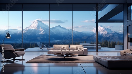 futuristic interior of modern minimalistic apartment with landscape glass windows looking at mountain.