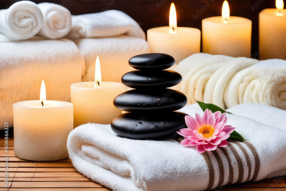 Spa Concept  Massage Stones With Towels And Candles In Natural Background