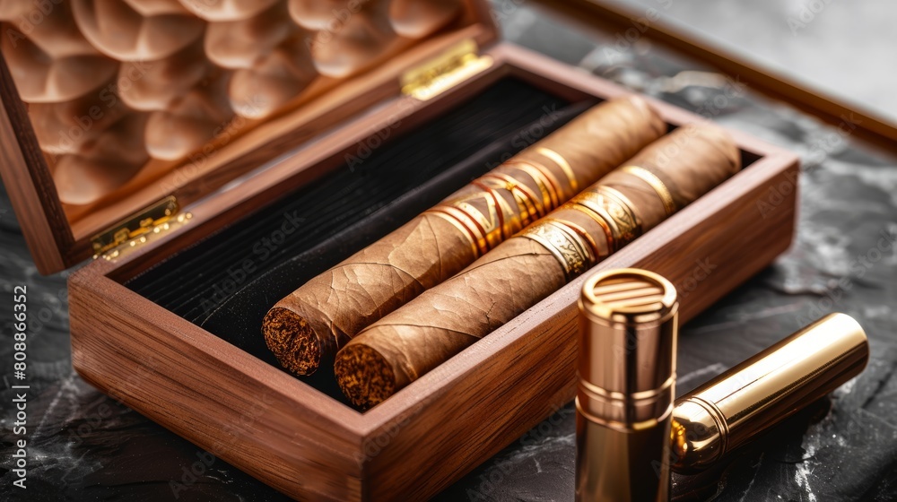 Luxury wooden cigar box opened displaying cigars with detailed craftsmanship and golden accents enhancing the opulent setting