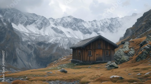 Beautiful panorama view of idyllic rural mountain scenery in the Alps with traditional old alpine mountain hut and fresh green meadows on a sunny day with blue sky and clouds in springtime