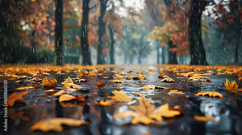 Wet Autumn Leaves on a Rainy Day, Reflections in Puddles Along a Park Path, Colorful and Moody Fall Scene