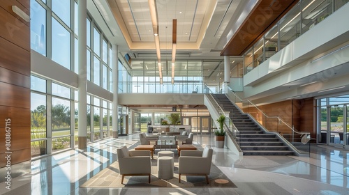 A four-level office lobby  featuring advanced technology  ample natural light  a modern aesthetic