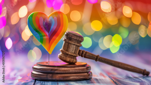 LGBT Law and Pride month concepts. Justice gavel with rainbow colorful heart shape for lesbian and gay and bisexual and transgender people Stock Photo photography photo