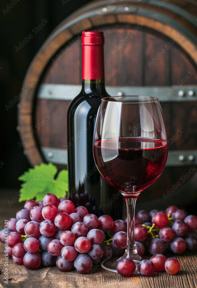 Red wine bottle, glass and bunch of grapes on wooden table on background of wooden barrel.