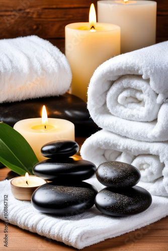 Spa Concept  Massage Stones With Towels And Candles In Natural Background