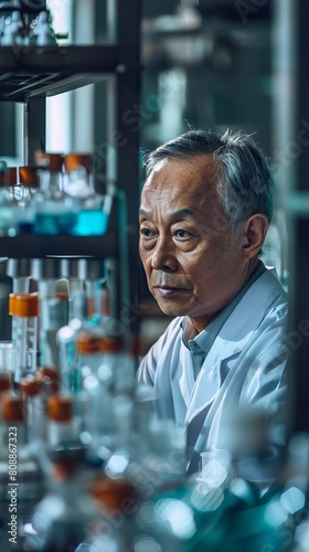 Senior chinese male scientific in laboratory.