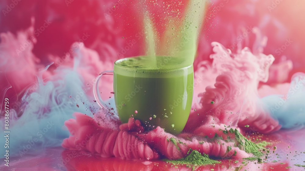 Φωτογραφία Stunning visual of green matcha tea erupting from a mug amidst swirling clouds of vibrant pink and blue mist