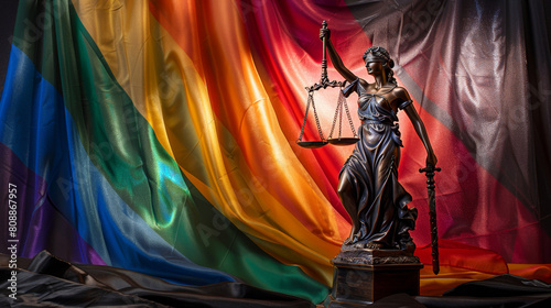 LGBT community flag with statue of lady justice, constitution and judge hammer on black drapery. Concept of judgement and punishment Stock Photo photography