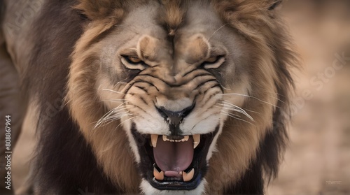 An angry lion with an open mouth. expression of anger. Portrait of a big male lion with open mouth on a dark background. Generative.ai