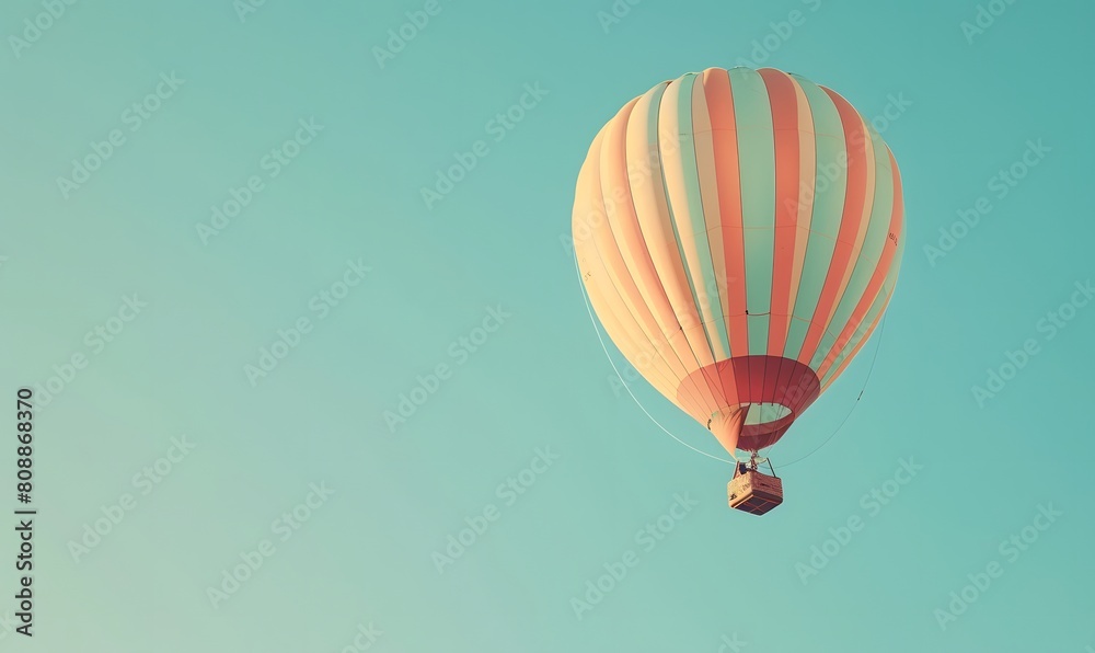Fototapeta premium Striped hot air balloon floating in clear sky, Generative AI