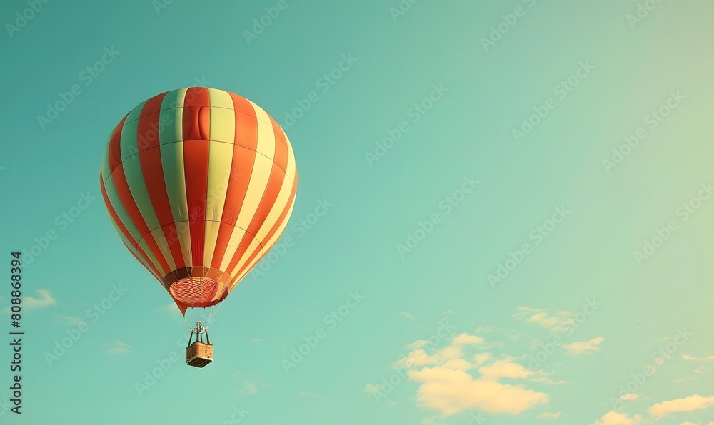Naklejka premium Striped hot air balloon floating in clear sky, Generative AI