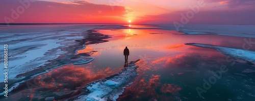 Aerial view of a person along the Elton Lake at sunset, a large salt lake with minerals in Vengelovskoe, Volgograd Oblast, Russia. photo