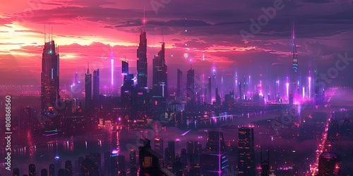 Sci-fi City Skyline with Purple and Cyan Neon lights. © Влада Яковенко
