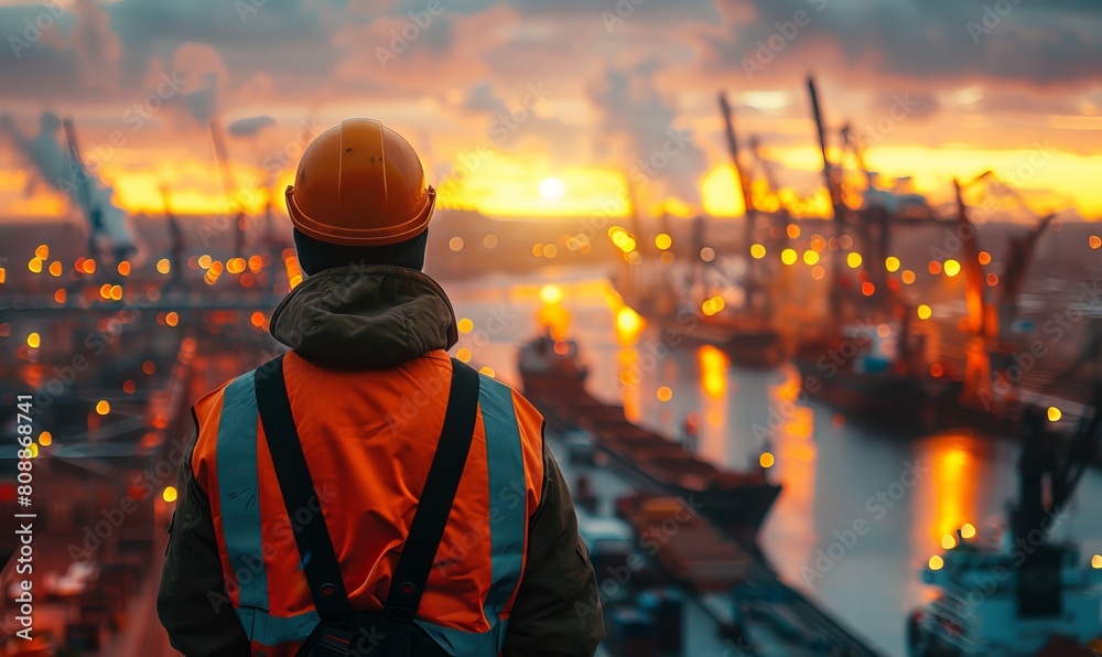Worker Overlooking Harbor at Dusk in Reflective Gear Generative AI image Worker Overlooking Harbor at Dusk in Reflective Gear Generative AI image