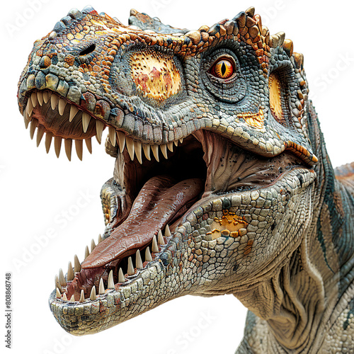 Extreme side view of a Carnotaurus face isolated on a white transparent background