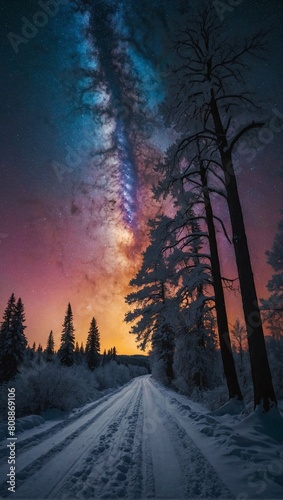 Road leading towards colorful sunrise between snow covered trees with epic milky way on the sky © Yauhen