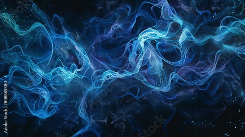 In this dynamic illustration, wisps of smoke intertwine with vibrant waves of light, creating a hypnotic dance of color and motion against a backdrop of deep black. Shades of blue and purple add depth