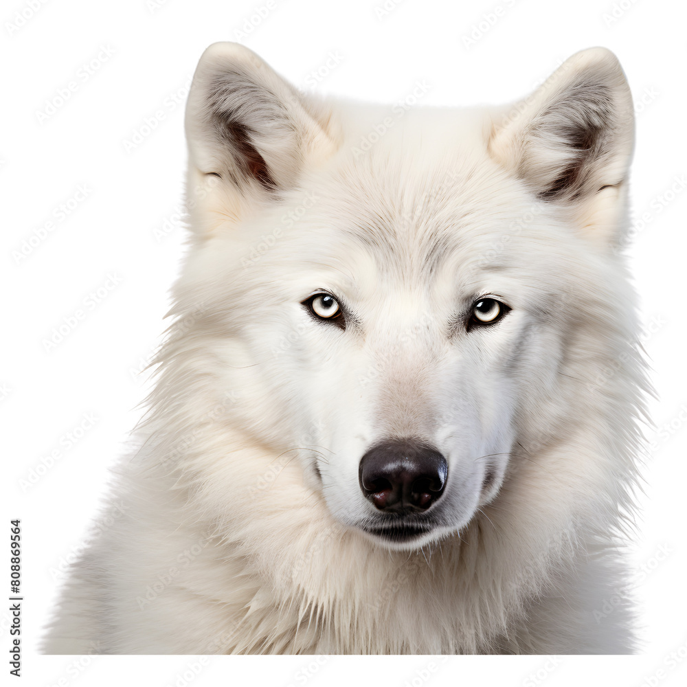 White  furry wolf looking into camera 