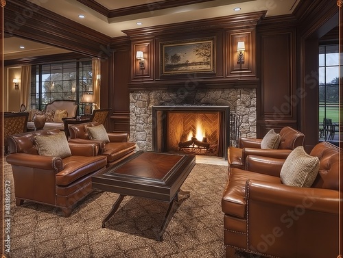 A living room with a fireplace and leather chairs. The room is warm and inviting  with a cozy atmosphere