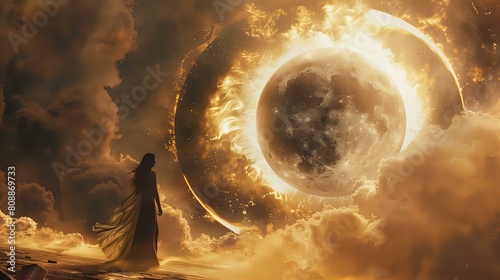 Singular minimalist hell priestess, waning moon, golden ratio event horizon. photo