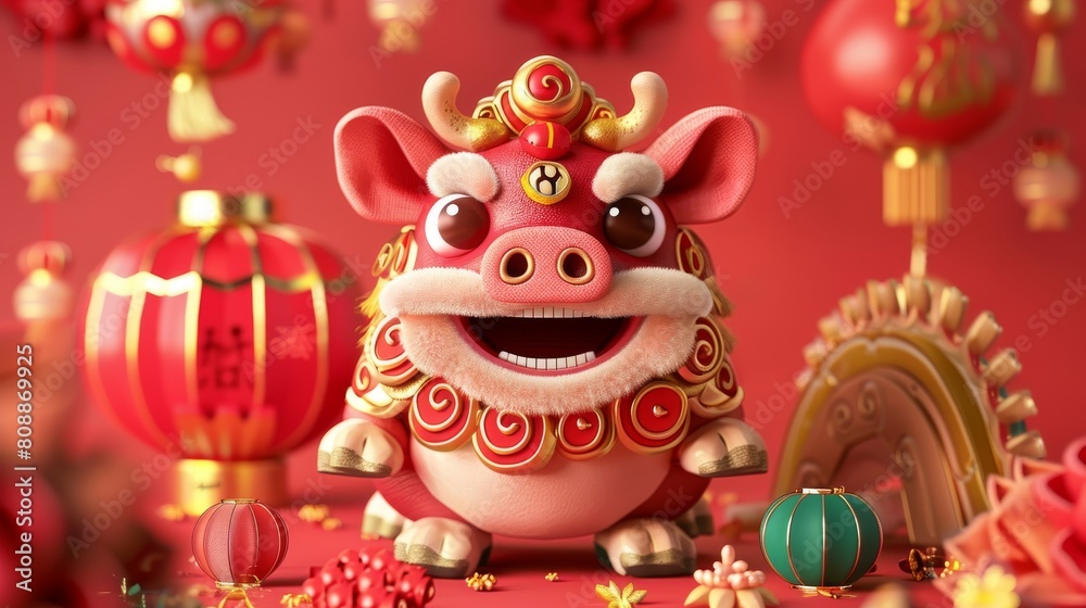 I wish you a happy Chinese New Year with lion dances and cute piggies