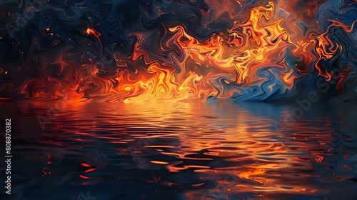 Flames Engulfing the Horizon Above Glistening Waters  Mesmerizing Image