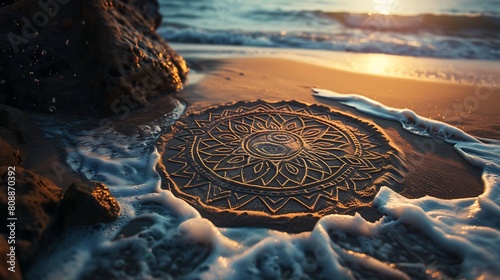 A mandala drawn in the sand at a beach, with the waves gently approaching, adding a sense of impermanence to the art
