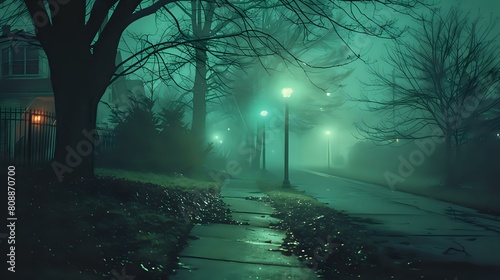 Nighttime Foggy Path: Small Town Neighborhood, Strong Colors, Green Hour