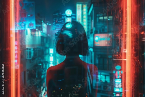 A person looking out a neon-framed window into the night, reflecting the city neon glow in their eyes