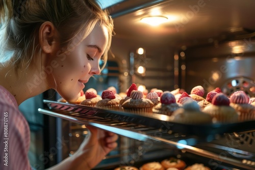 A woman carefully taking a baking tray filled with freshly baked golden-brown cupcakes out of the oven