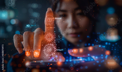 Woman using fingerprint biometrics on mobile banking app for cyber secure personal finance access, innovative fintech identity authentication technology