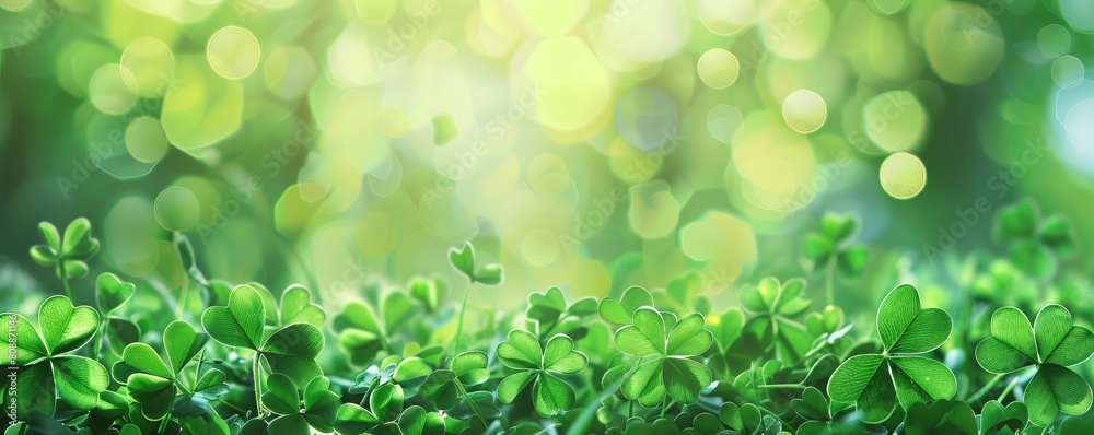 Green background with three-leaved shamrocks, Lucky Irish Four Leaf Clover in the Field for St. Patricks Day holiday symbol.