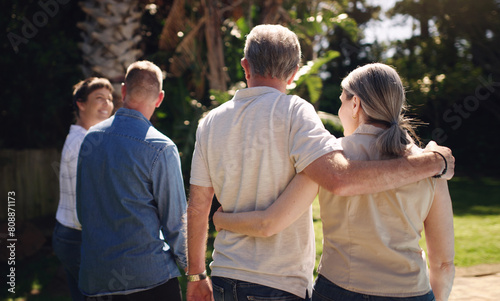 Family, outdoor and romantic walk for love, summer and vacation or time together with nature. Double date, garden and relaxed stroll for care, spring and holiday with smile in Central Park New York photo