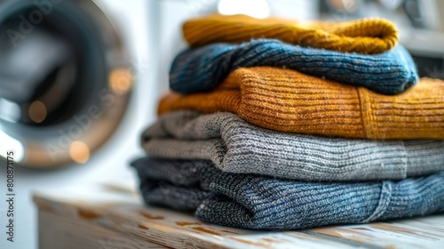 Stacked cozy knitwear in warm autumn hues with a blurred laundry machine background