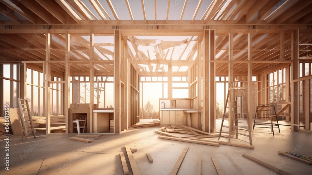 illustration interior of spacious building construction of frame house under construction with wooden pillars.