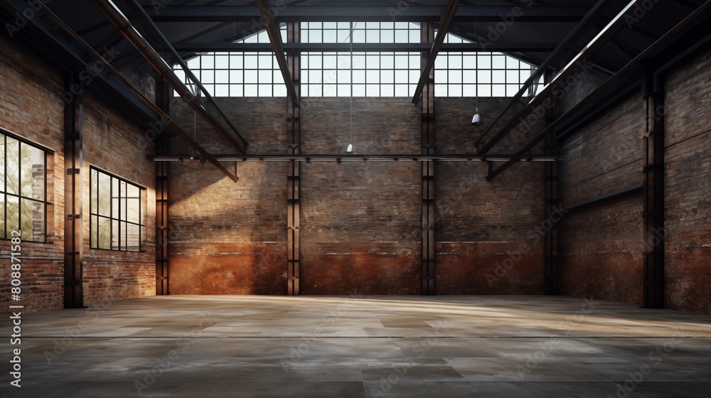 Industrial loft style empty old warehouse interior,brick wall,concrete floor and black steel roof structure. Industrial loft style empty old warehouse interior,brick wall,concrete floor and black steel roof structure.