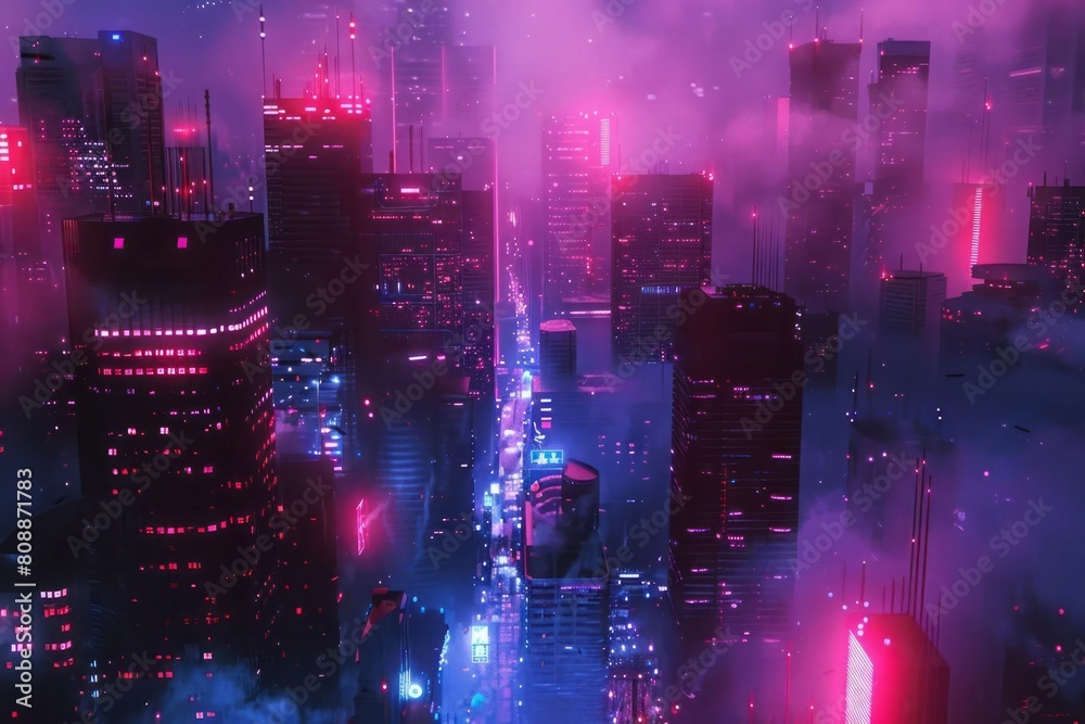 A cyberpunk cityscape, where buildings are outlined in neon lights and streets are filled with the haze of neon dust