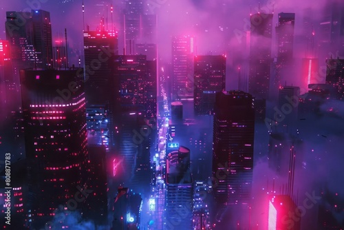 A cyberpunk cityscape  where buildings are outlined in neon lights and streets are filled with the haze of neon dust