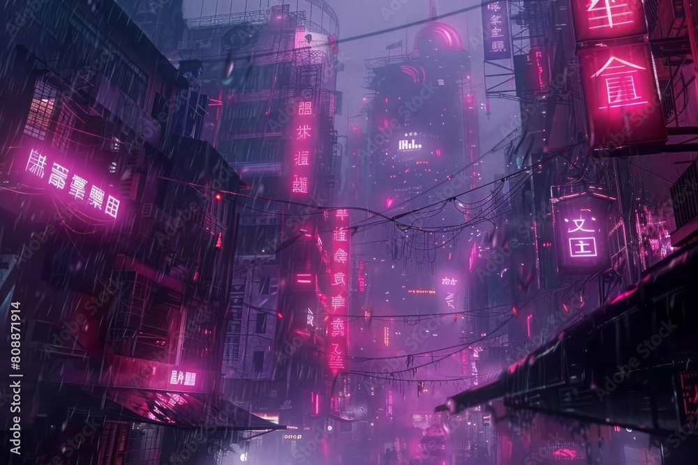 A cyberpunk cityscape, where buildings are outlined in neon lights and streets are filled with the haze of neon dust