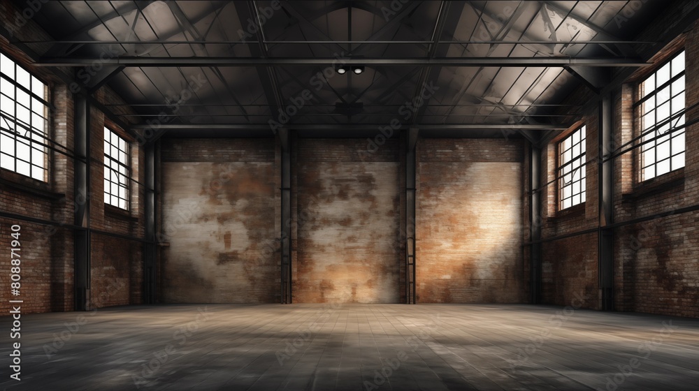 Industrial loft style empty old warehouse interior,brick wall,concrete floor and black steel roof structure.