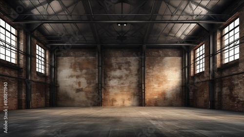 Industrial loft style empty old warehouse interior brick wall concrete floor and black steel roof structure.