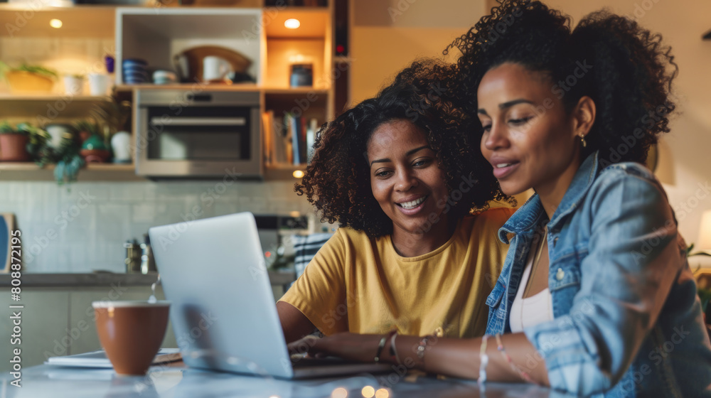Naklejka premium Latin lesbian couple working and using laptop together at home in Mexico, Hispanic homosexual people from lgbt community in Latin America Stock Photo photography