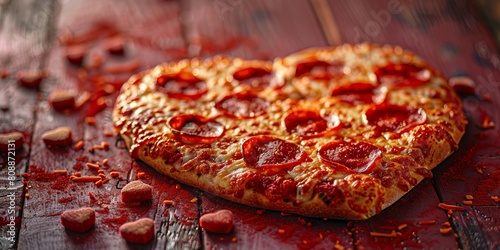 Heart Shaped Pizza on a Red Tabletop. Romantic Valentineâ€™s Day Background.