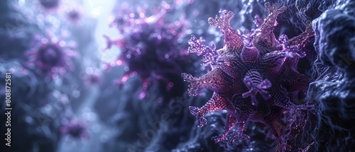 Hyper-detailed visual representation of a virus cell microbe in a realistic 3D rendering.