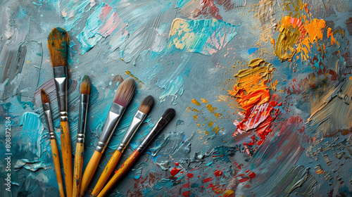 A knolling composition of a painter's brushes and paints on a canvas. photo