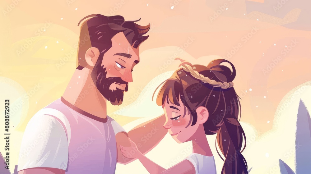 A little girl is braiding her hair with the help of a man in a line-style illustration A little girl is braiding her hair with the help of a man in a line-style illustration
