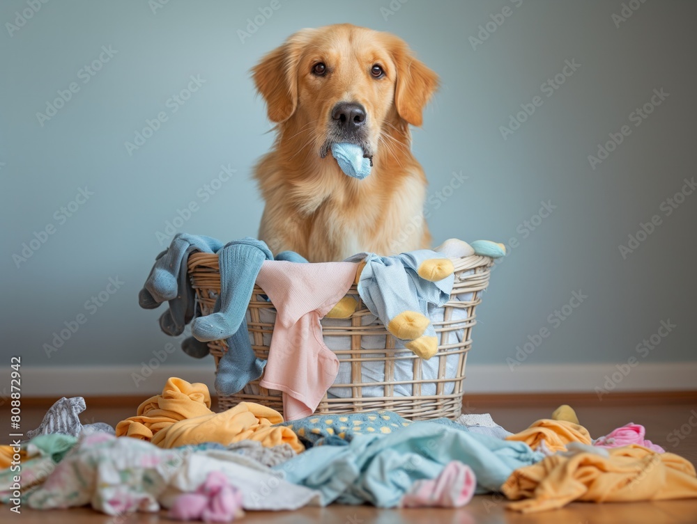A dog is in a basket full of clothes, including socks and a shirt. The dog is holding a blue toy in its mouth. The scene is playful and lighthearted